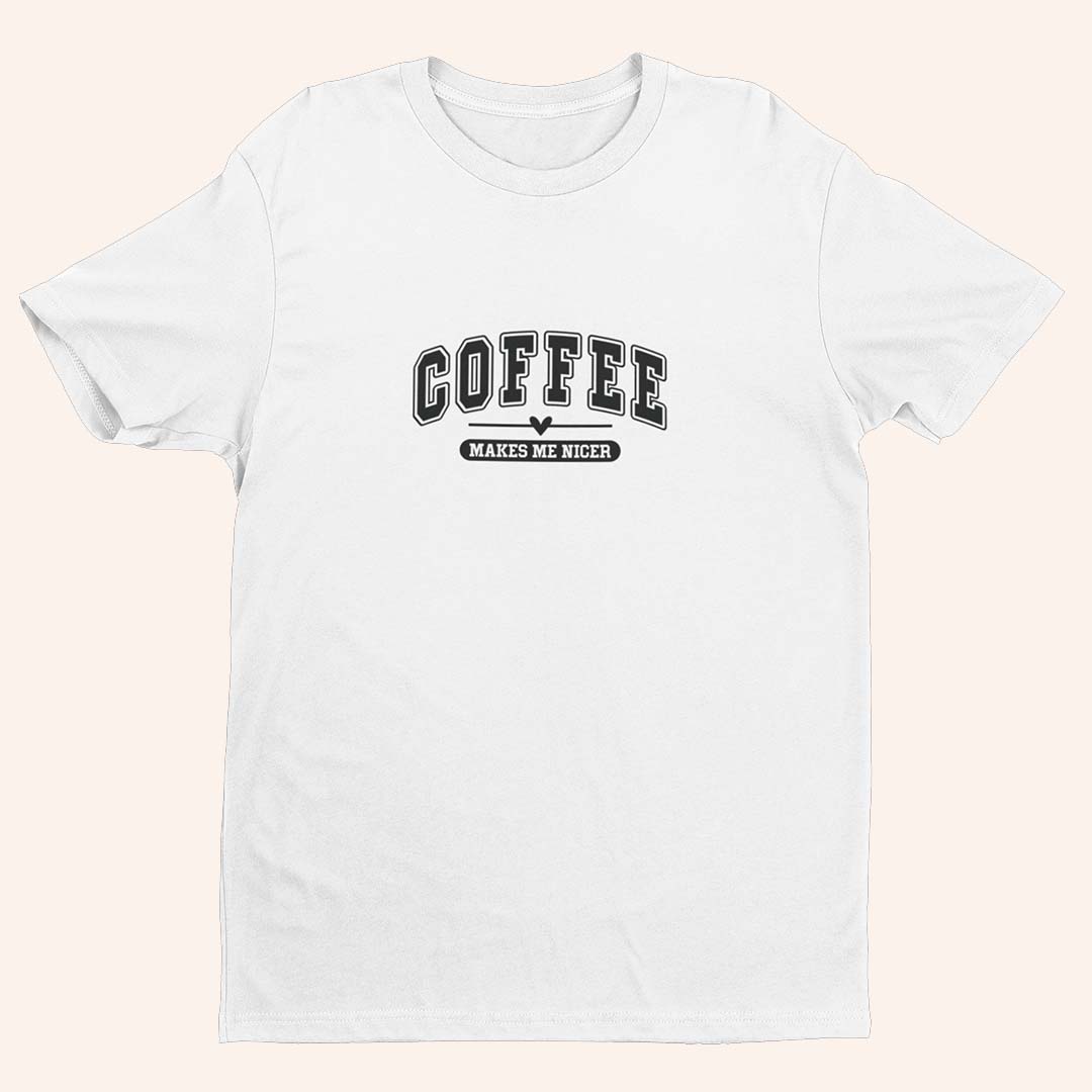 Бяла тениска за любители на кафе с черен надпис Coffee - подарък