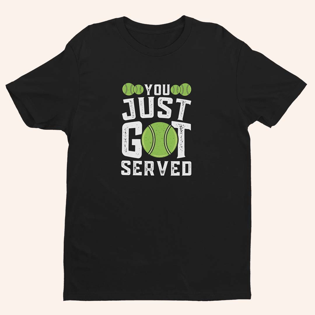 Черна победоносна тениска за тенис с бял текст You just got served - уверен подарък